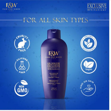 Purple bottle of F&W skincare product on a blue background with brand logos and product features.
FAIR & WHITE Exclusive Shower Gel Pomegranate and Melon extracts (1000 ml)